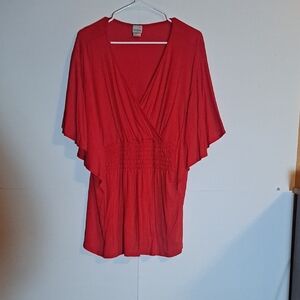 Red Flutter Sleeve Wrap Blouse